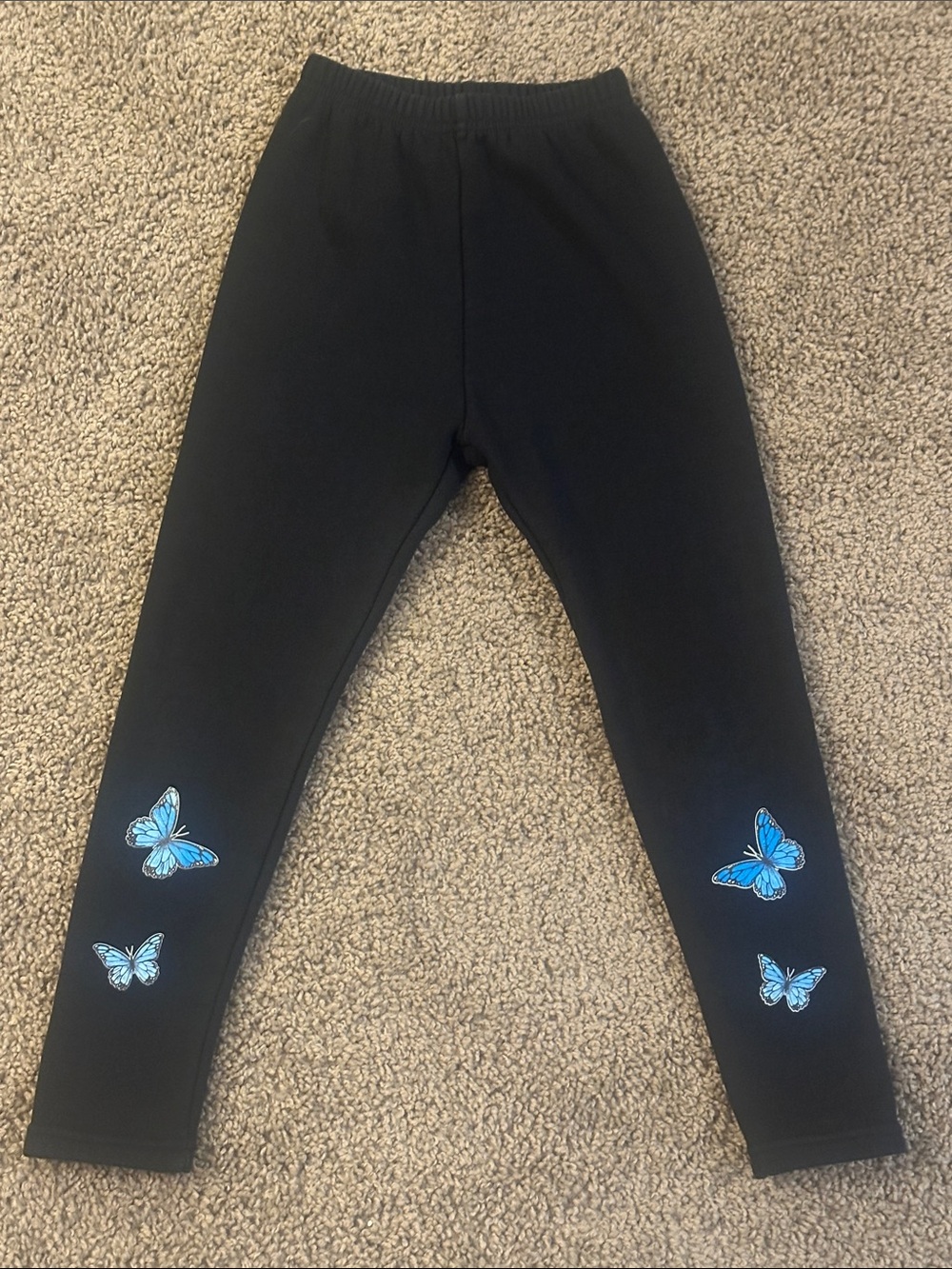 Girls' Black Leggings with Blue Butterfly Details
